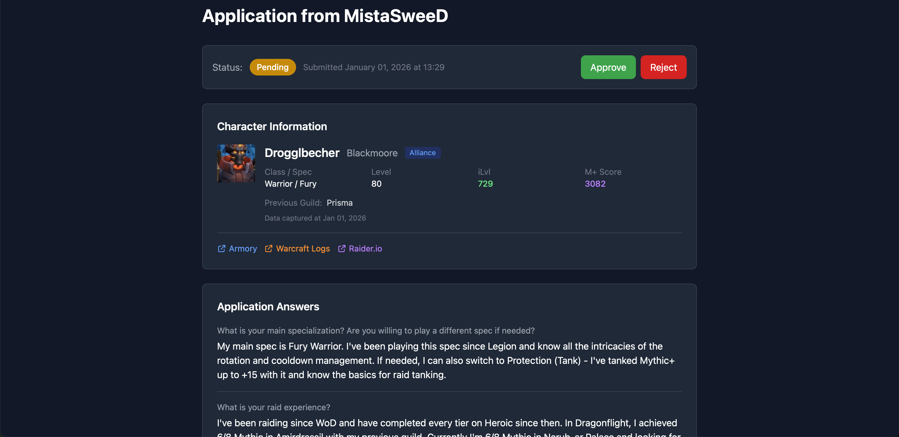 Application detail view with character info and answers
