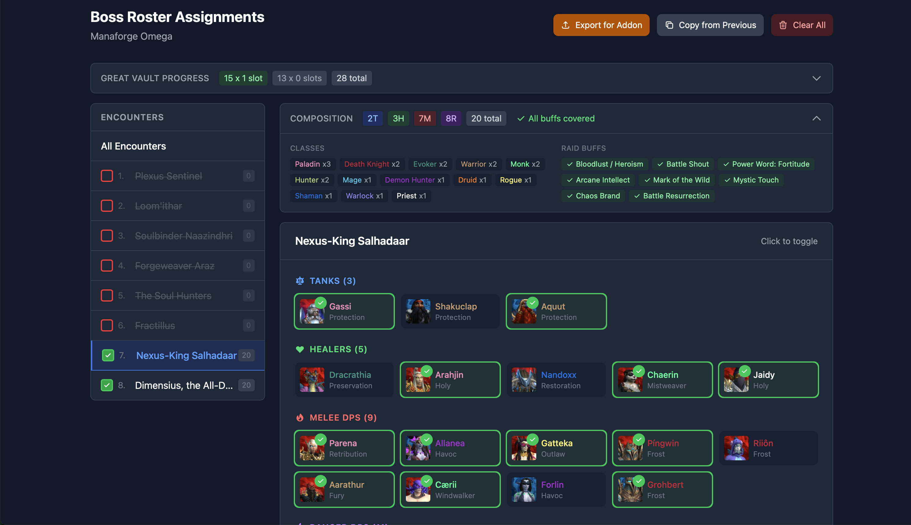 Boss roster assignments showing one-click player assignment per encounter
