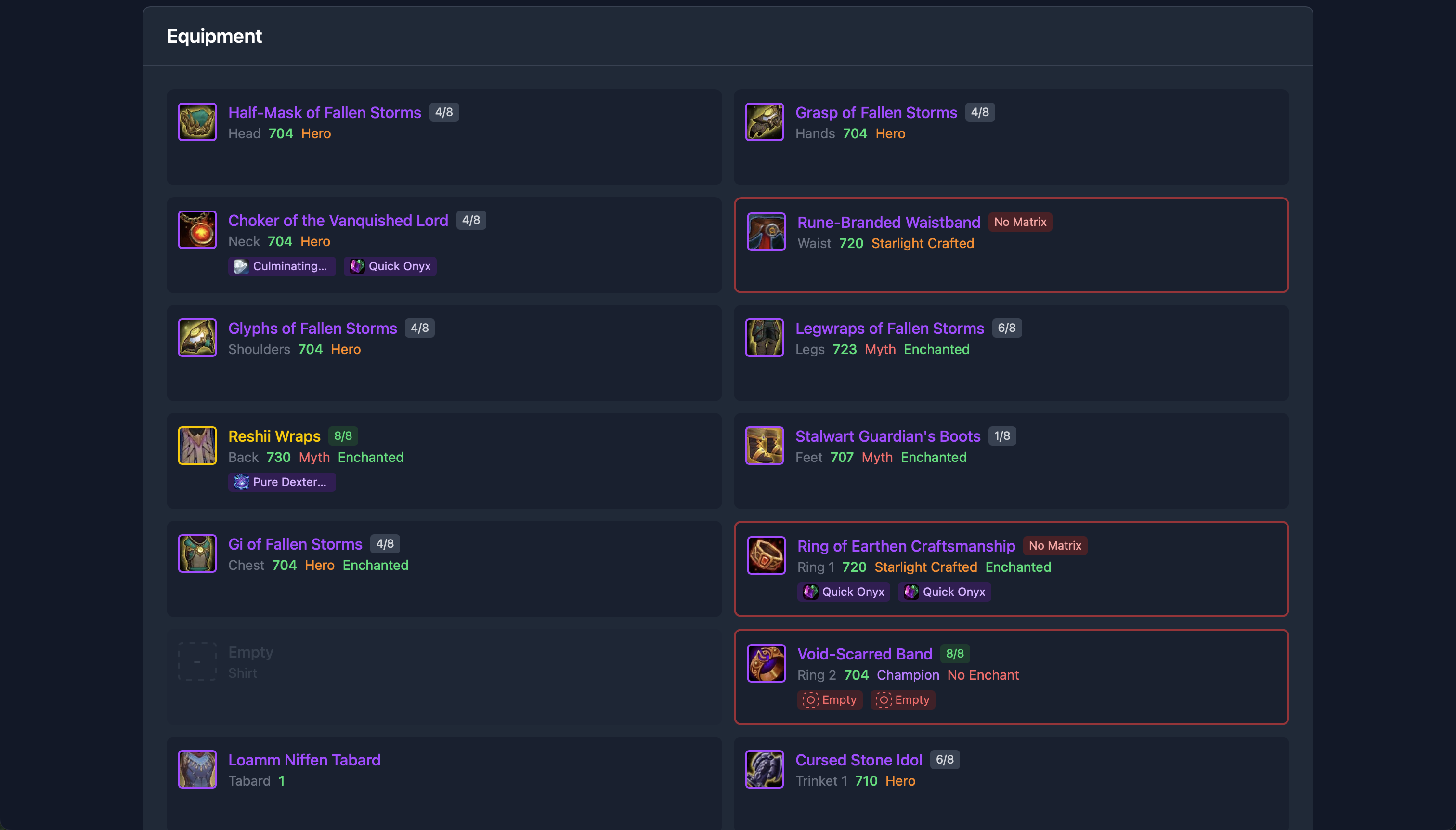 Character gear audit showing missing enchants and gems