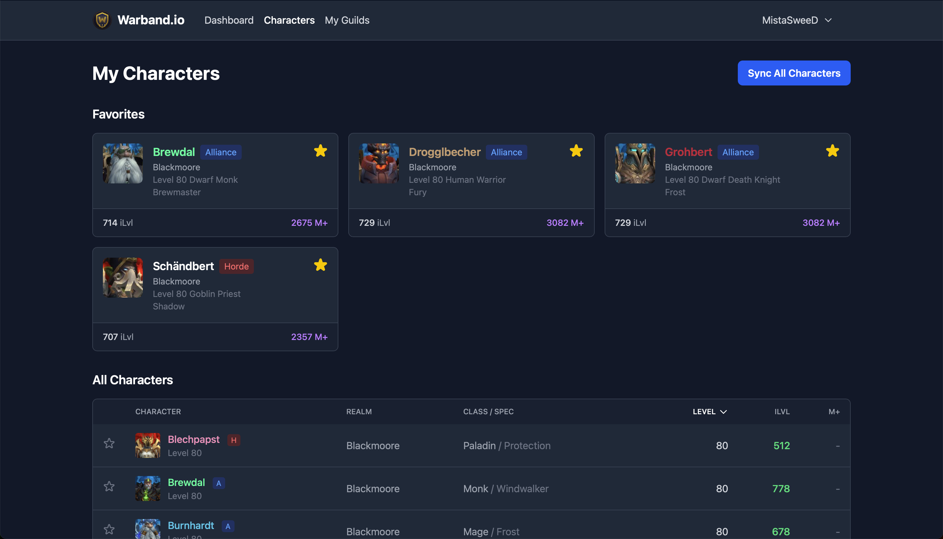 Character management page showing favorite characters with M+ scores