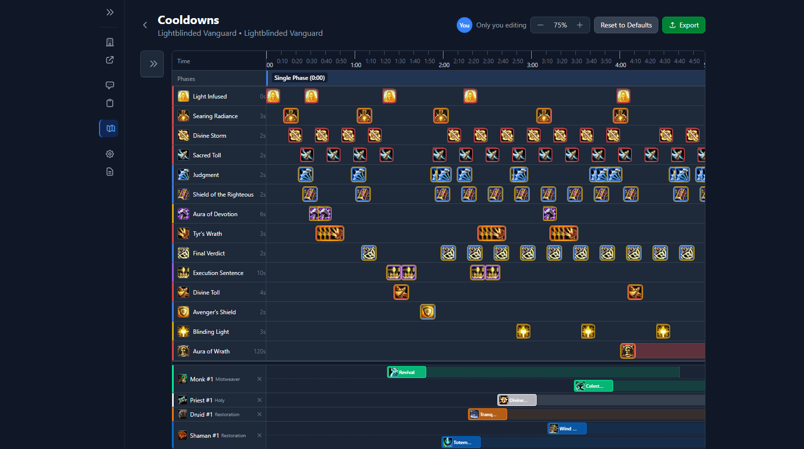 Cooldown timeline editor showing healer abilities mapped to boss encounter phases