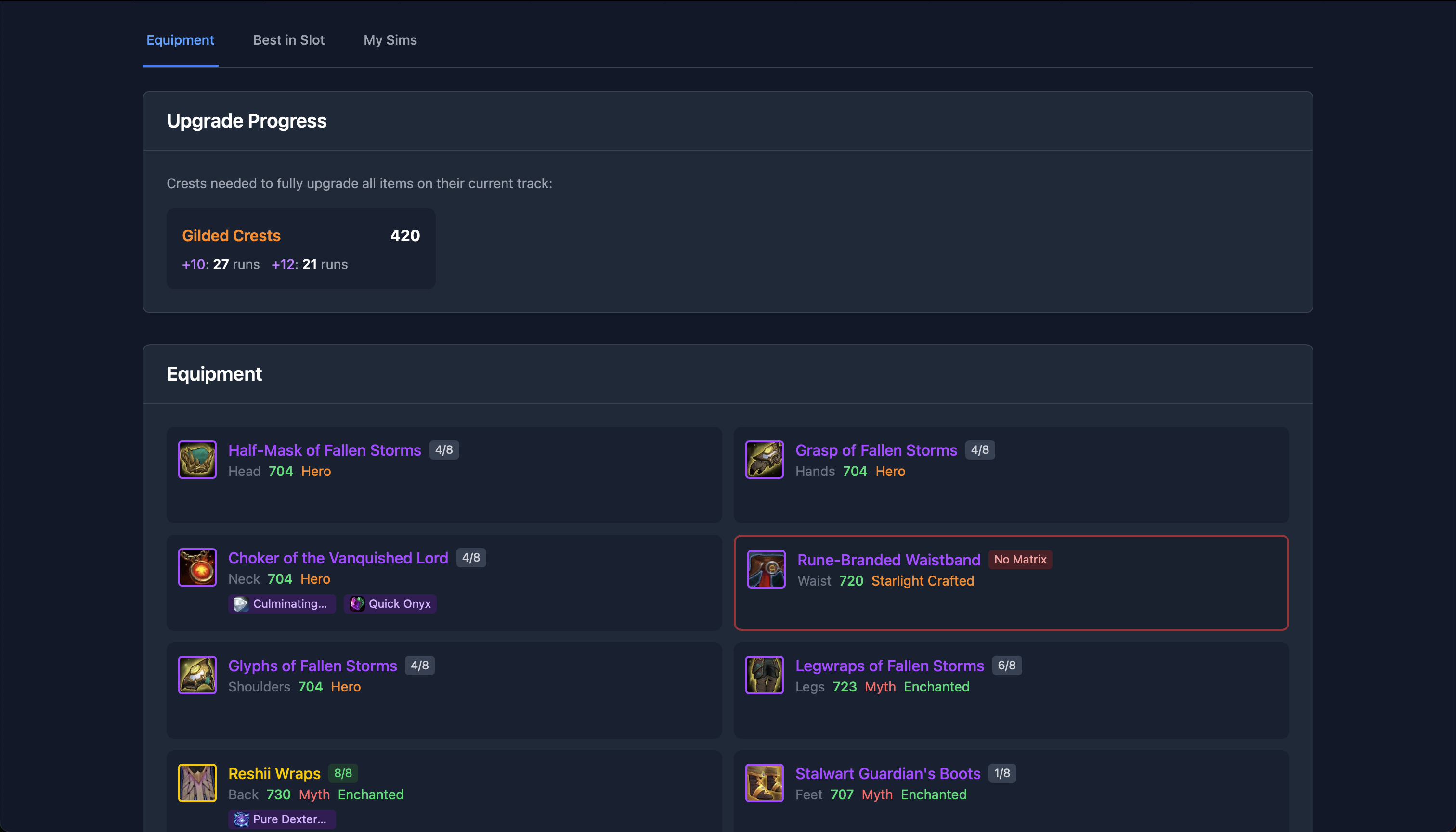Equipment grid showing gear with upgrade progress and crest requirements