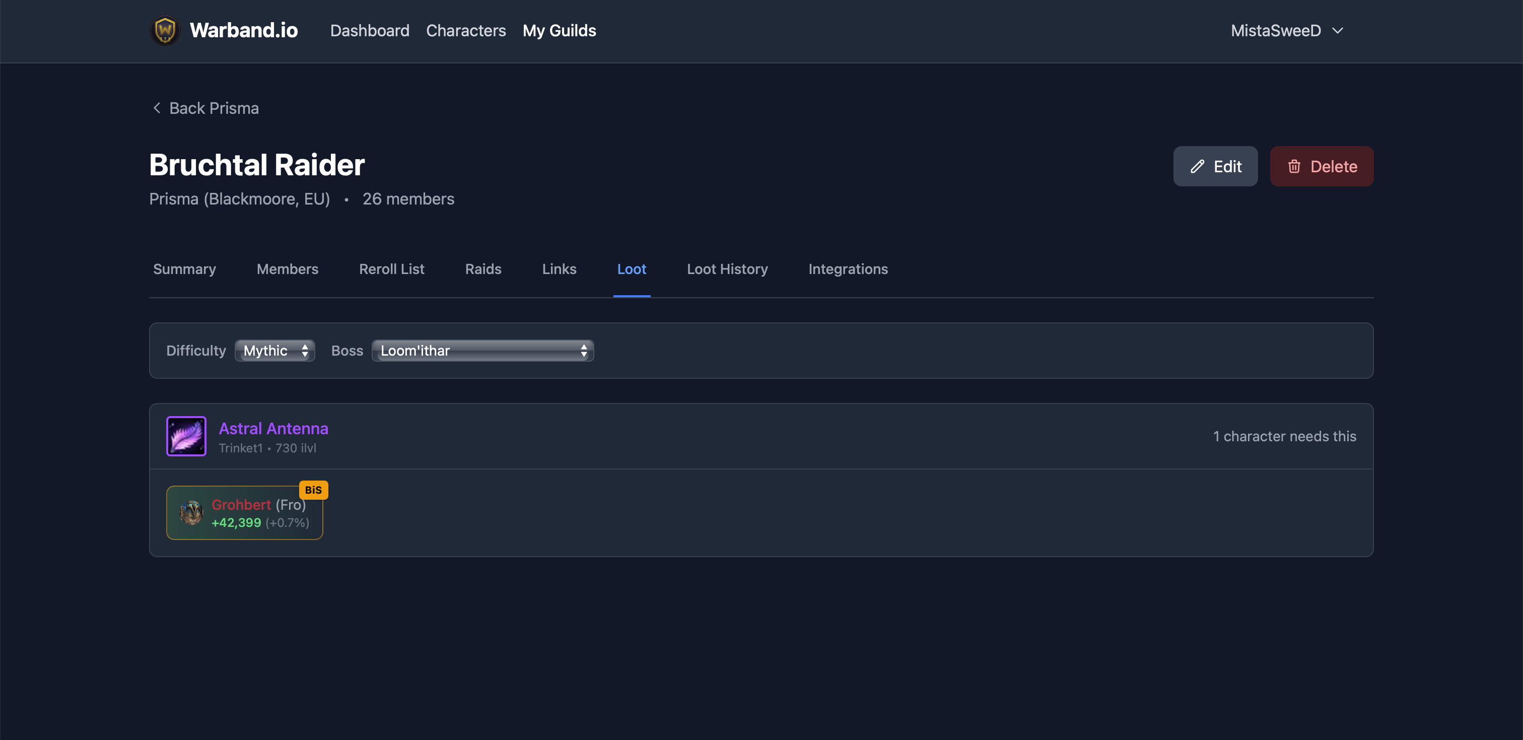 Loot needs page showing items with BiS markers and DPS percentage gains