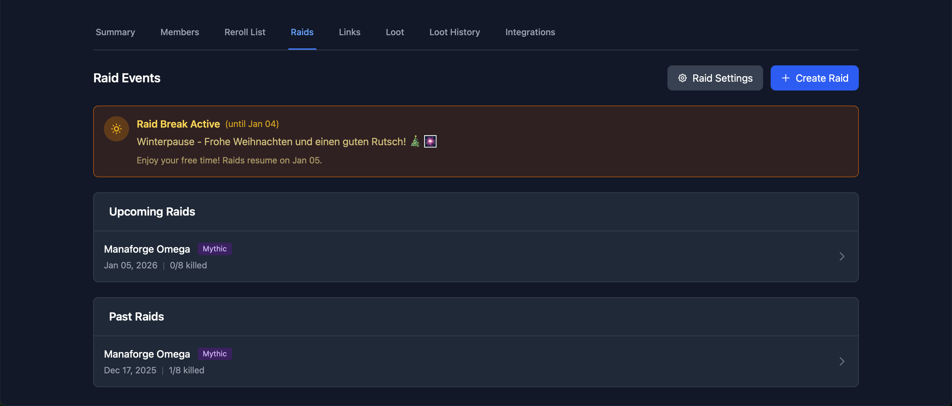 Raid schedule showing upcoming raids with dates and times
