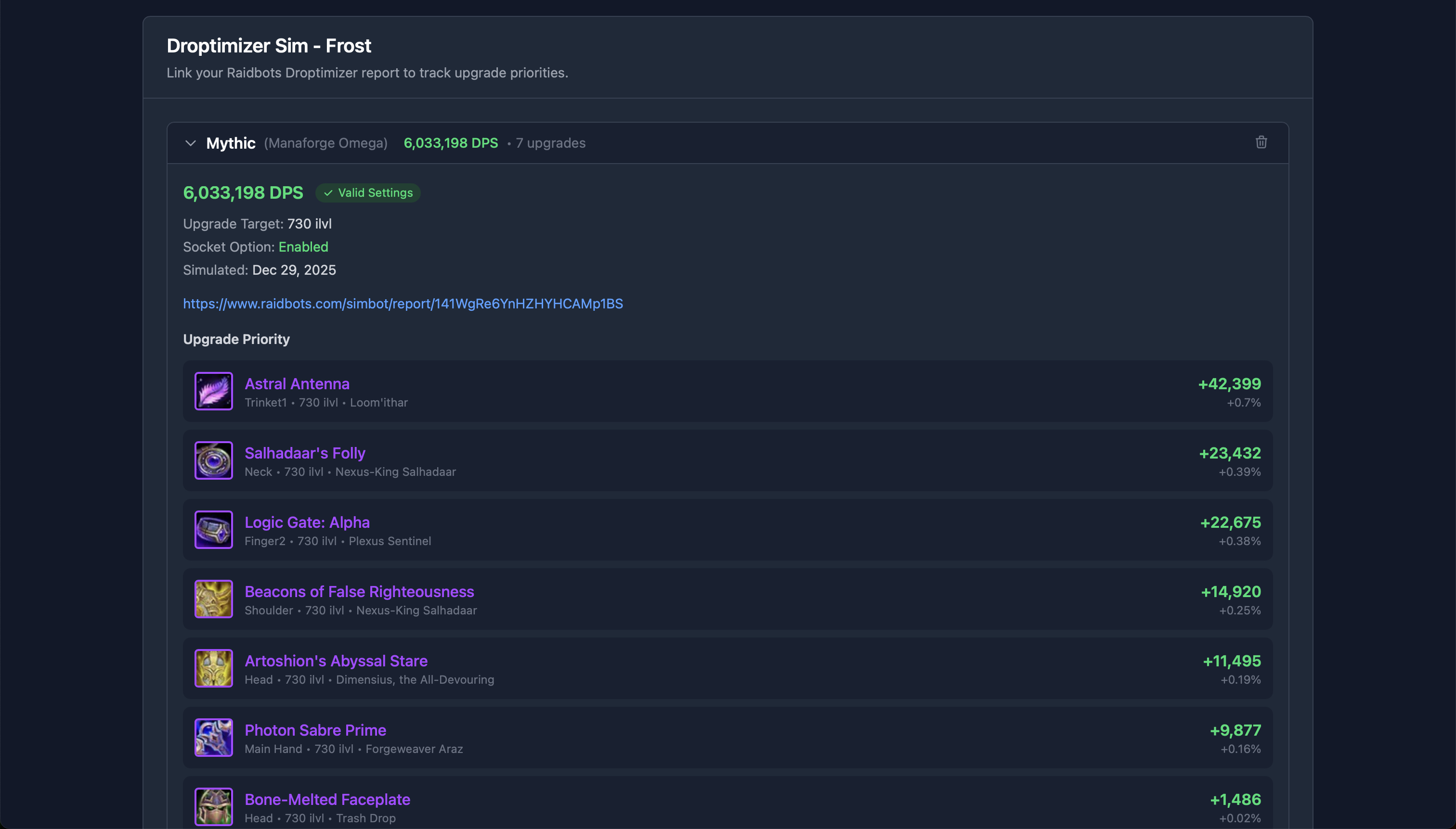 Raidbots Droptimizer integration showing upgrade priorities with DPS gains